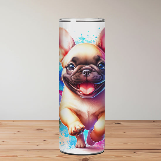Tumbler with a French Bulldog design on a wooden surface. Miss Mafia