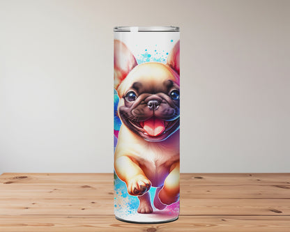 Tumbler with a French Bulldog design on a wooden surface. Miss Mafia