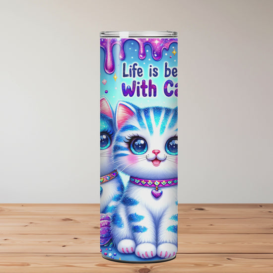 Colourful tumbler with cartoon cats on a wooden surface  Miss Mafia