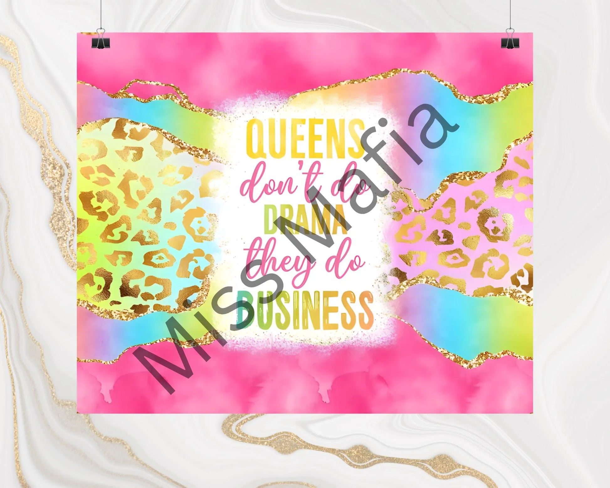 Colorful poster with text and leopard print design on a white background